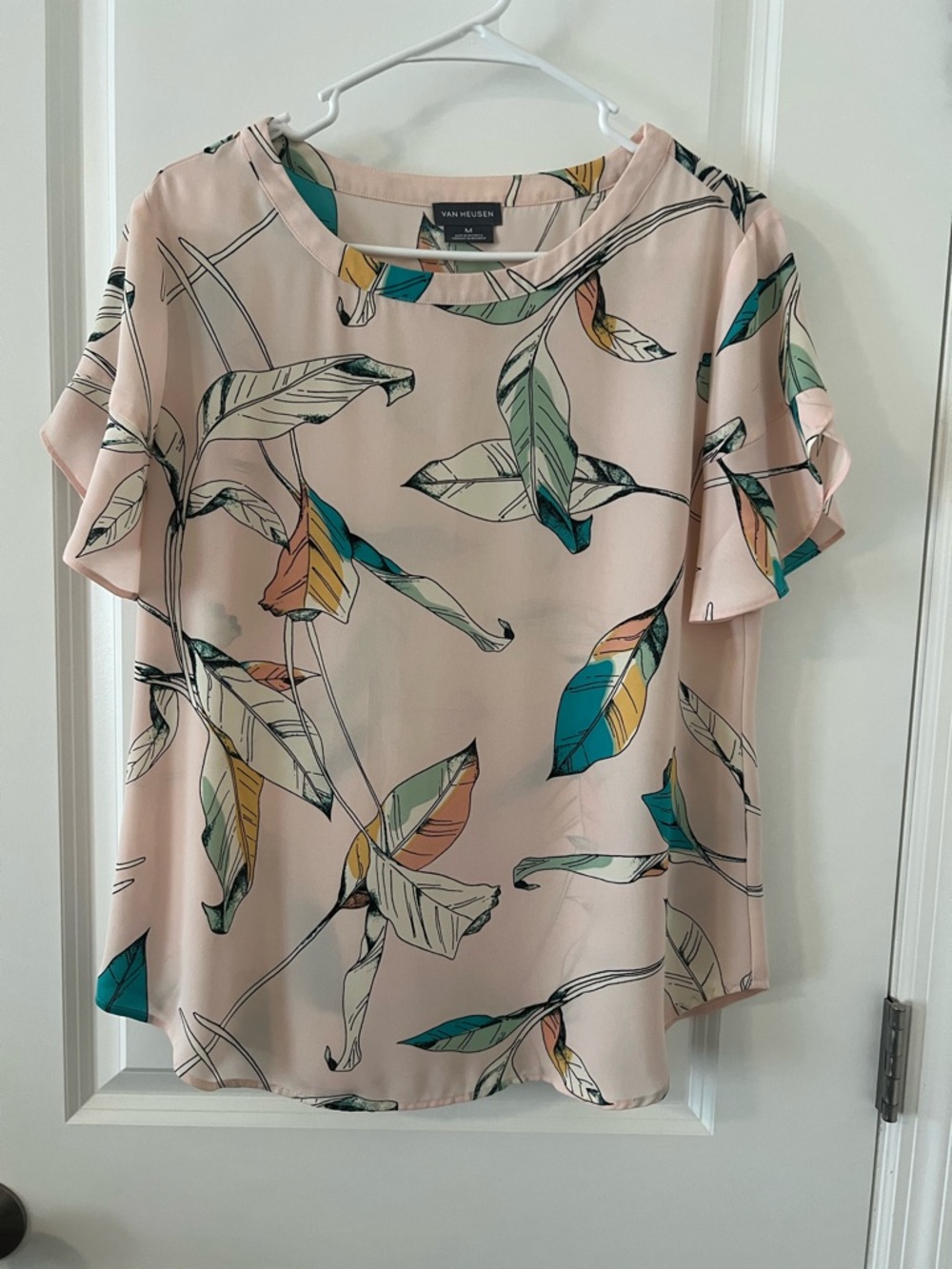Van Heusen Blush Pink Botanical Short Sleeve Blouse with Teal & Mustard Accents